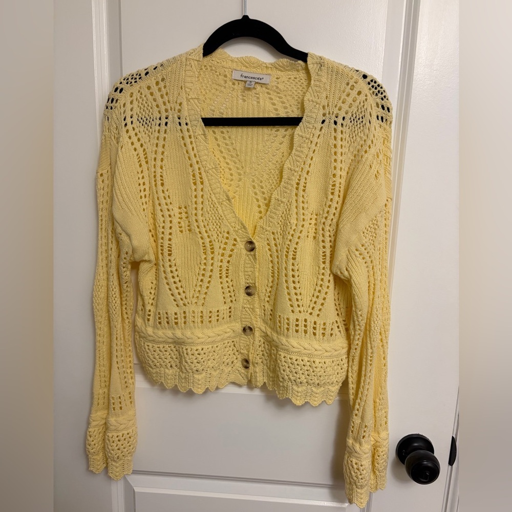 Francesca's Collections Pale Yellow Open-Knit Button Cardigan